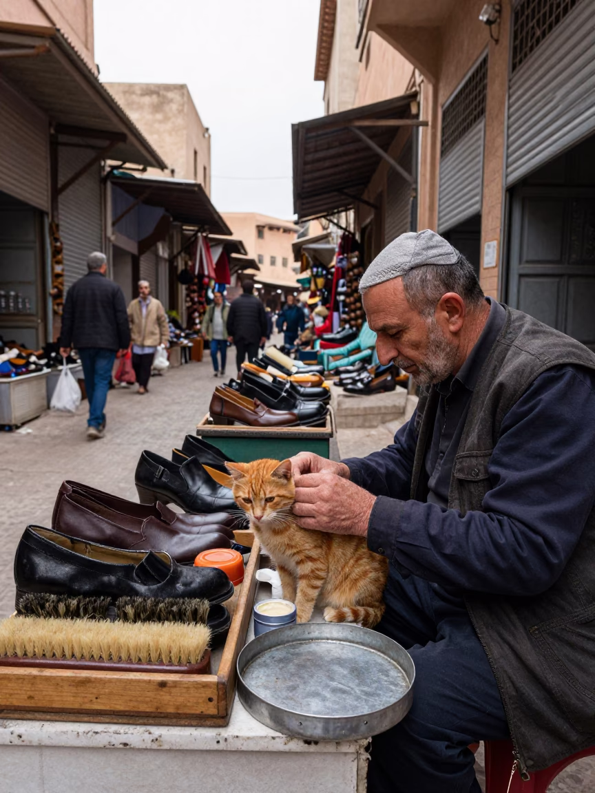 Busy Fez Market Stall with Ginger Cat and Shoe Polish Setup in in Fez, Morocco