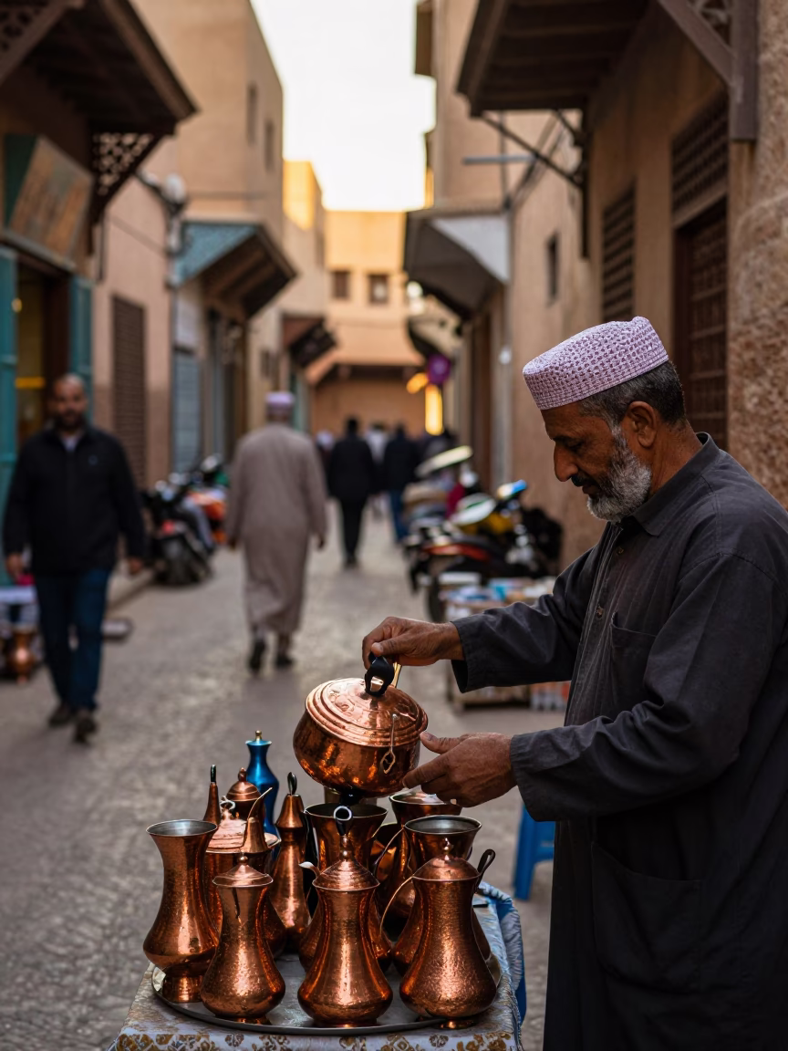 Busy Fez Medina Alleyway Late Afternoon with Copper Kettle Lid and Pulley Mechanism in in Fez, Morocco