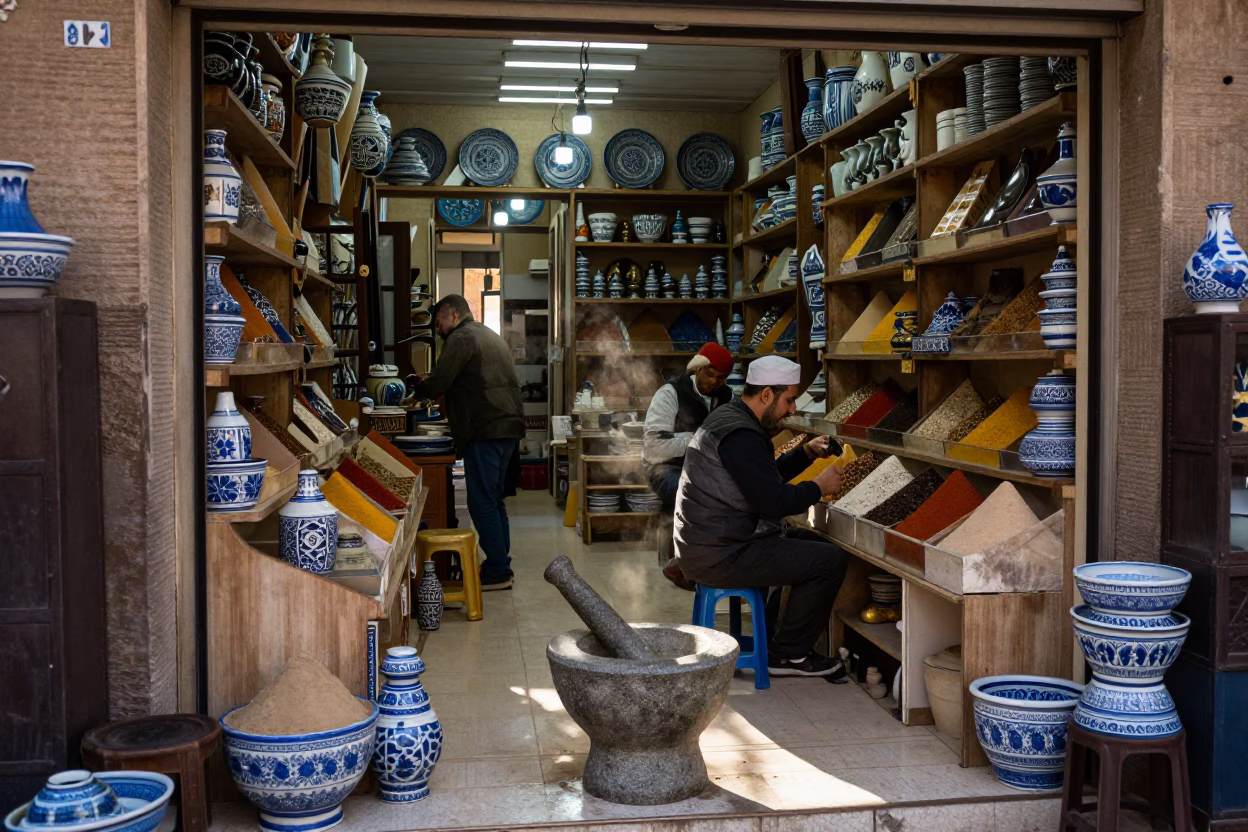 Busy Fez Medina Shop Interior with Mortar Pestle and Sink in Late Afternoon Light in in Fez, Morocco