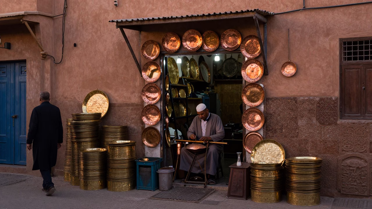 Busy Fez Morocco Copper Dusk Street Scene Traditional Craftsmanship in in Fez, Morocco