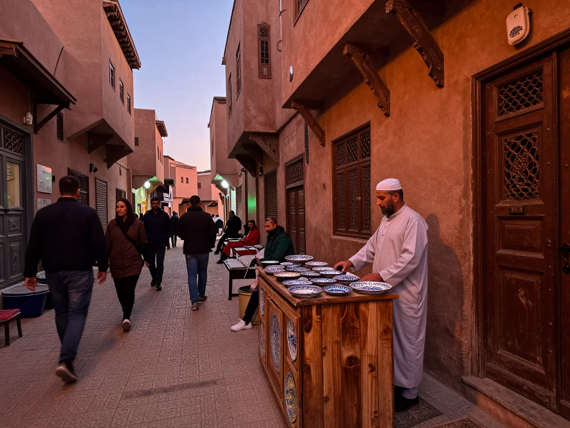Busy Fez Morocco Copper Dusk Street Scene with Vintage Majolica Plate and Local Commerce in in Fez, Morocco