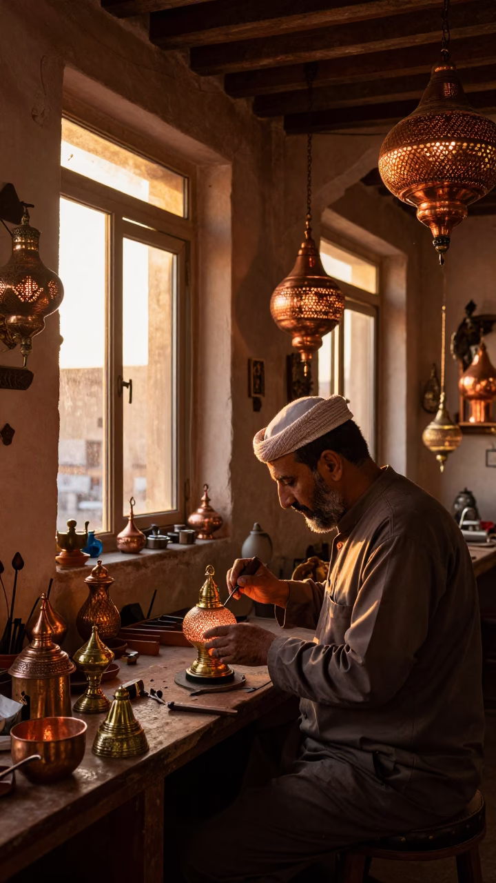 Busy Fez Morocco Copper Light Workshop Interior with Traditional Crafts in in Fez, Morocco