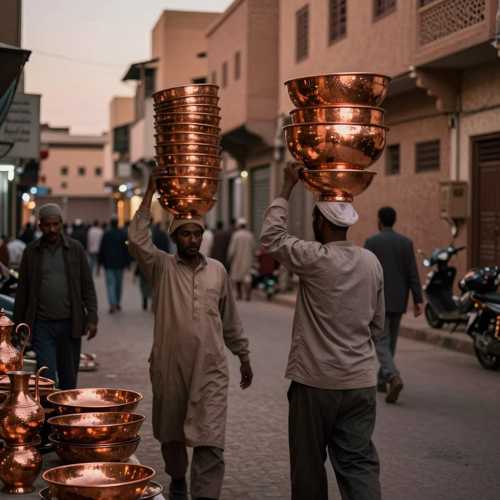Busy Fez Morocco Copper Street Scene with Bowl and Pitcher in Pre-Dusk Light in in Fez, Morocco