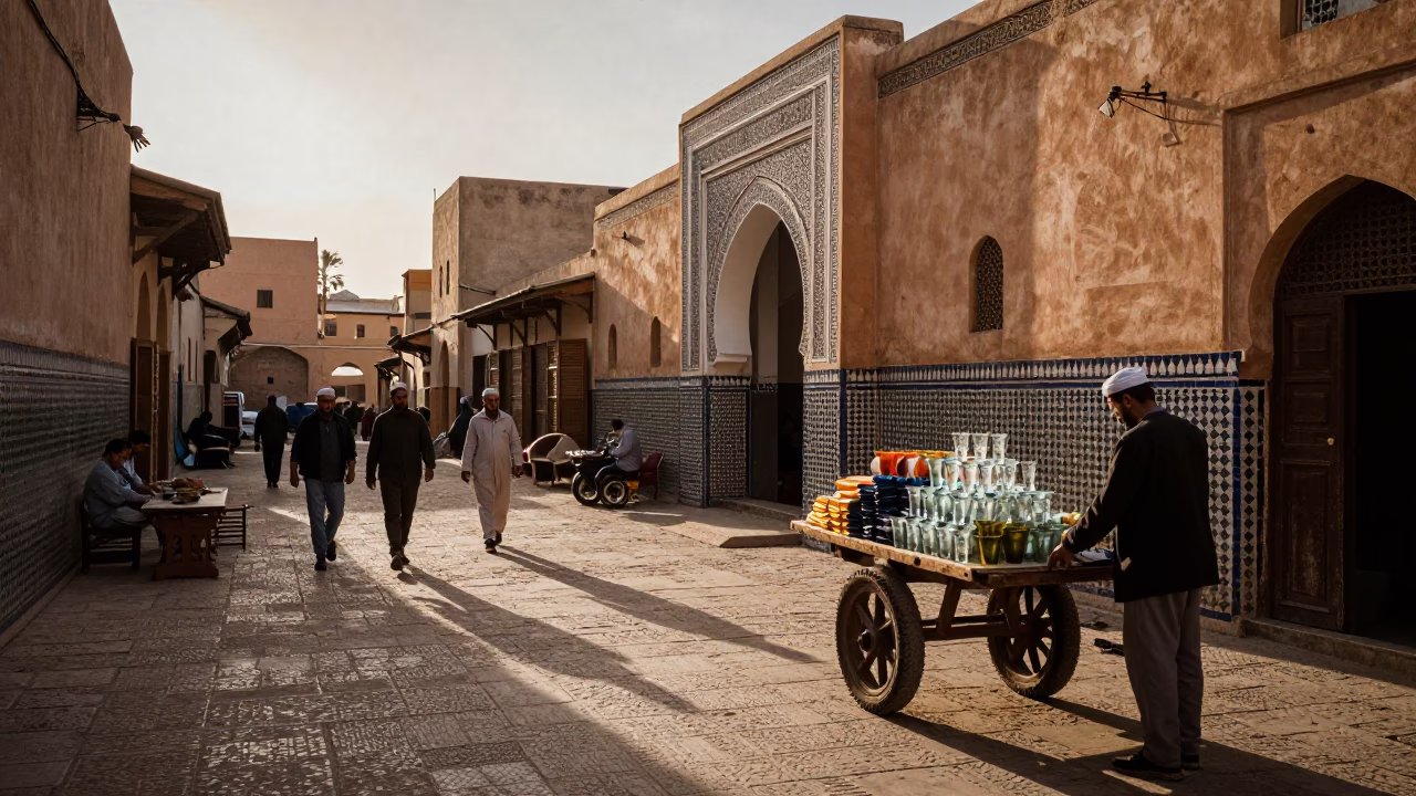 Busy Fez Morocco Dawn Street Scene with Vintage 1970s Aesthetic and Local Market Activity in in Fez, Morocco
