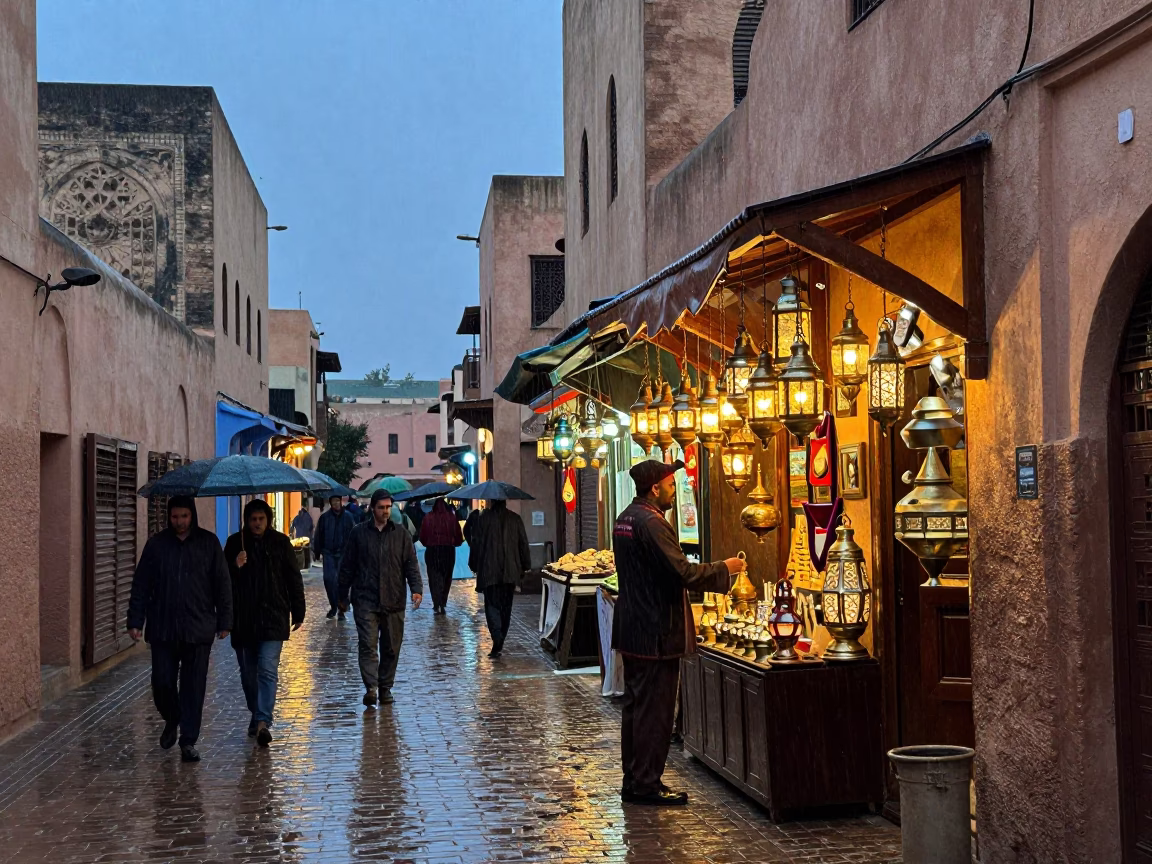 Busy Fez Morocco Dusk Street Scene with Rain and Traditional Elements in in Fez, Morocco
