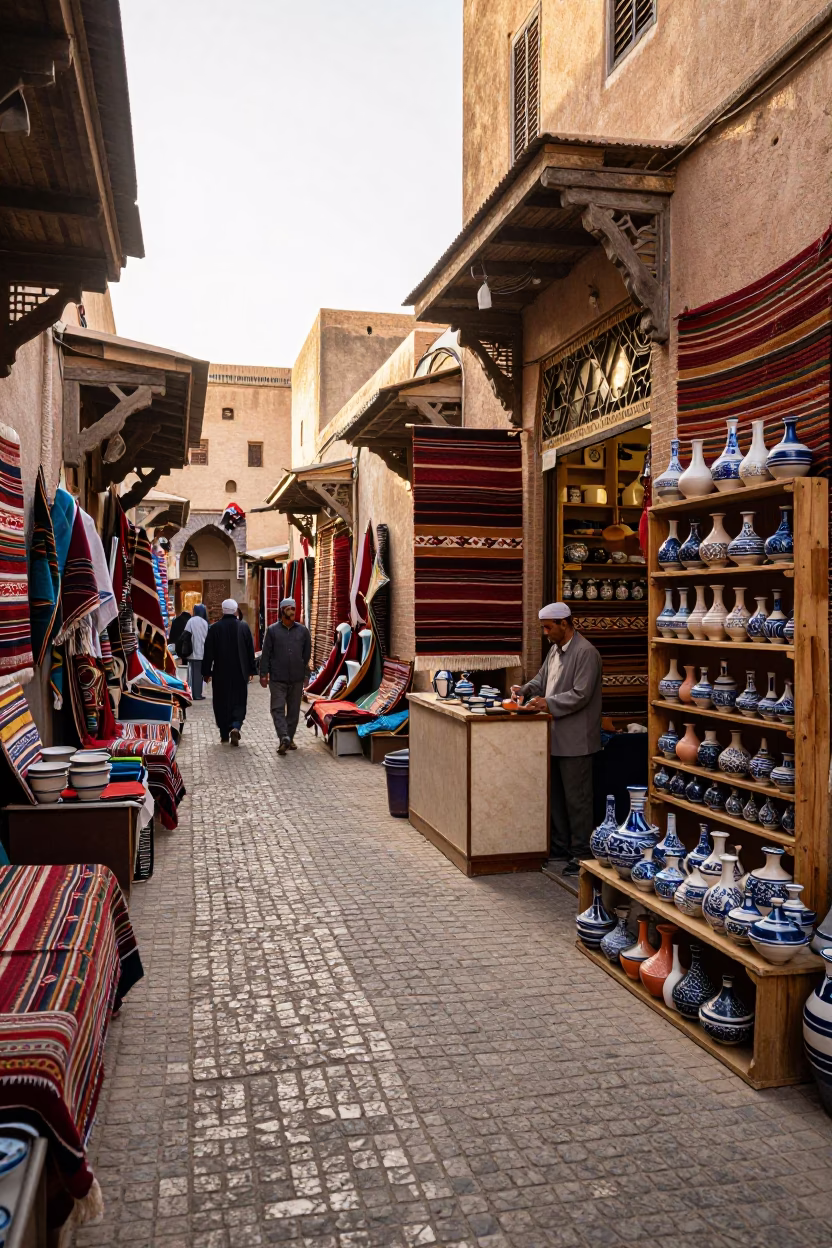 Busy Fez Morocco Early Afternoon Market Scene with Traditional Crafts and Daily Life in in Fez, Morocco