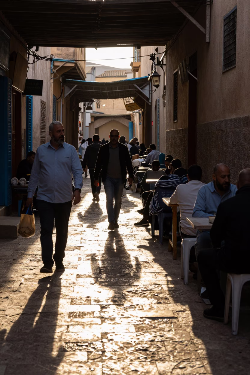Busy Fez Morocco Early Afternoon Street Scene with Ceramic Bowl and Padlock in in Fez, Morocco