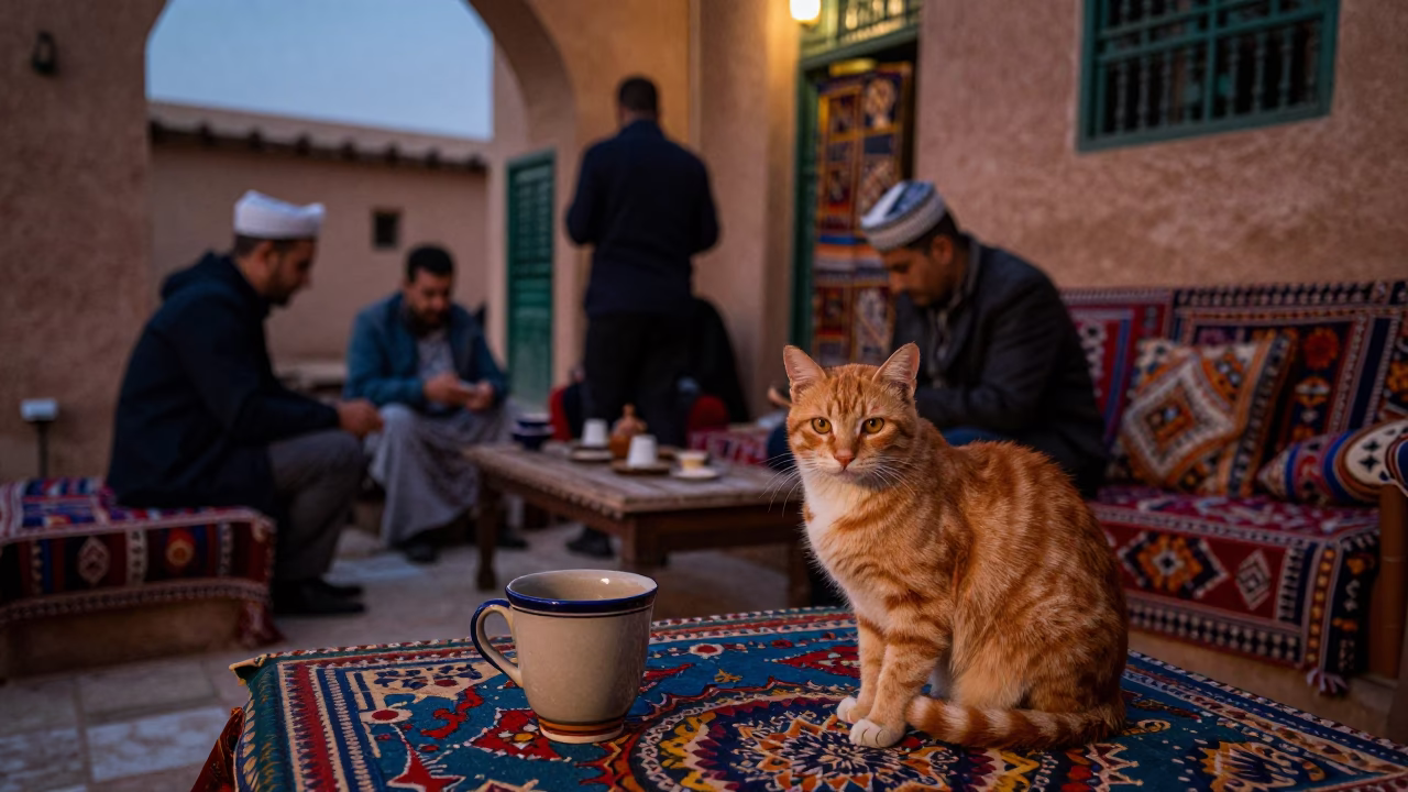 Busy Fez Morocco Early Evening Interior with Ginger Cat and Ceramic Cup in in Fez, Morocco