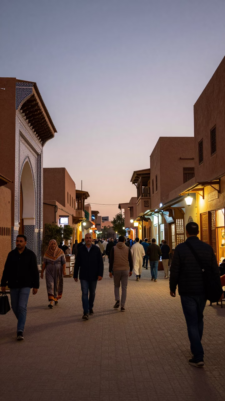 Busy Fez Morocco Evening Street Scene with Traditional Architecture and Local Life in in Fez, Morocco