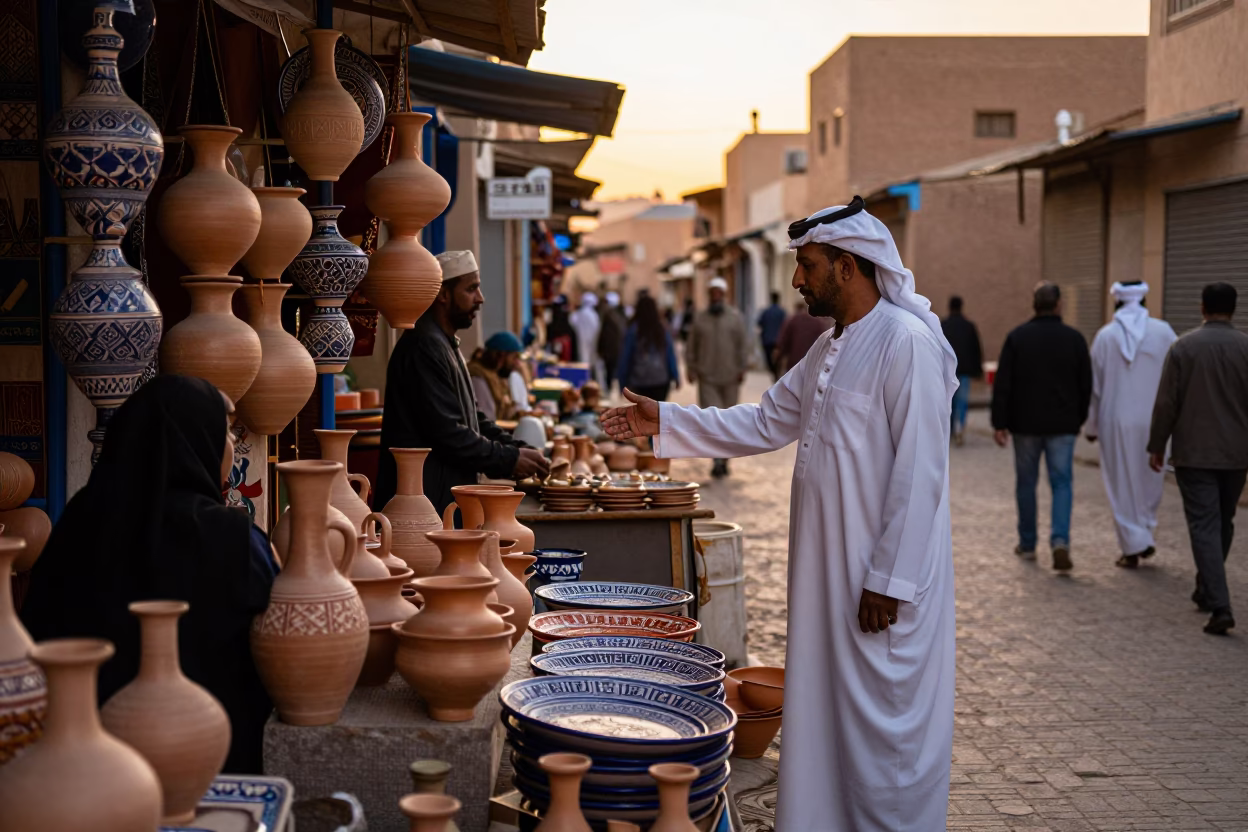 Busy Fez Morocco Golden Hour Street Scene with Traditional Pottery and Local Commerce in in Fez, Morocco