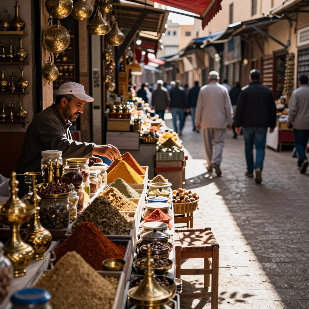 Busy Fez Morocco Market Stall with Spices and Brassware in Early Afternoon Light in in Fez, Morocco
