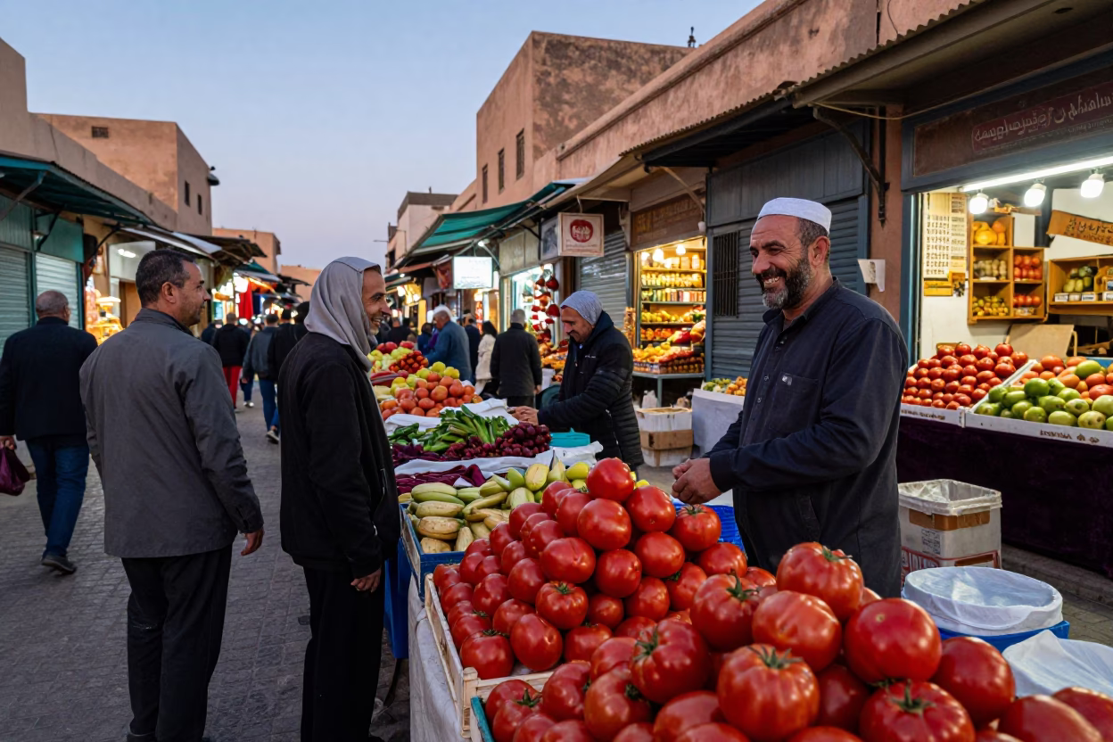Busy Fez Morocco Market Street Early Evening with Local Interaction in in Fez, Morocco