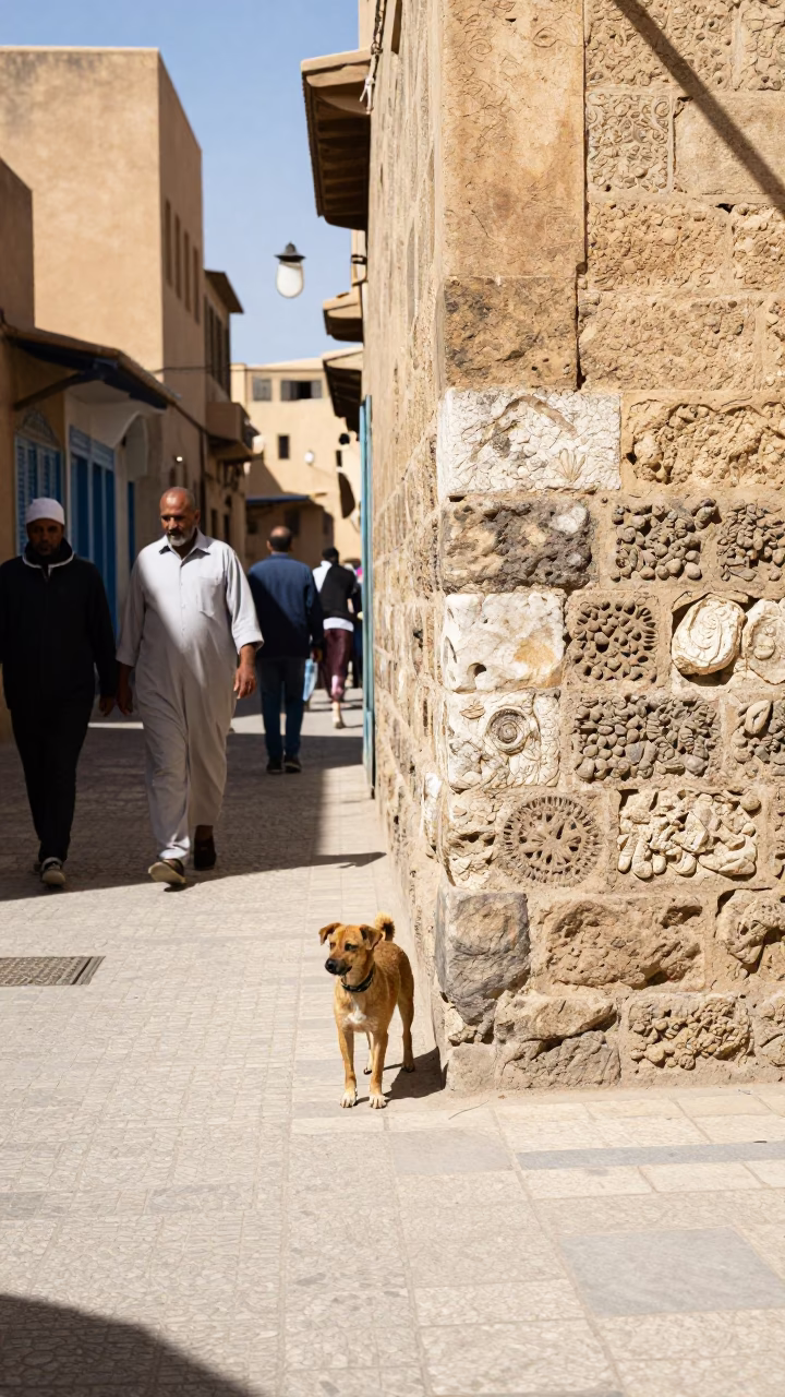 Busy Fez Morocco Midday Street Scene with Dog and Stone Wall Details in in Fez, Morocco