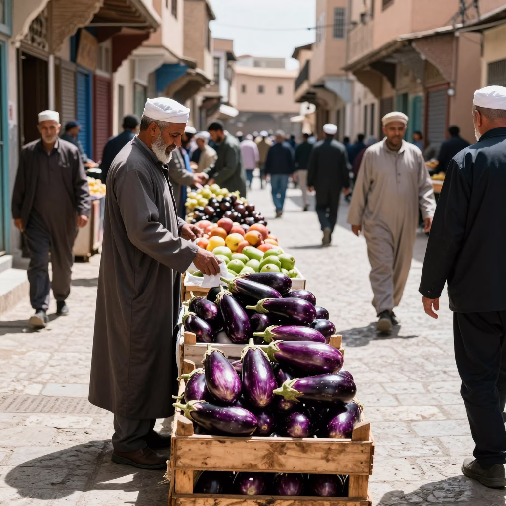 Busy Fez Morocco Midday Street Scene with Eggplants and Traditional Market Activity in in Fez, Morocco