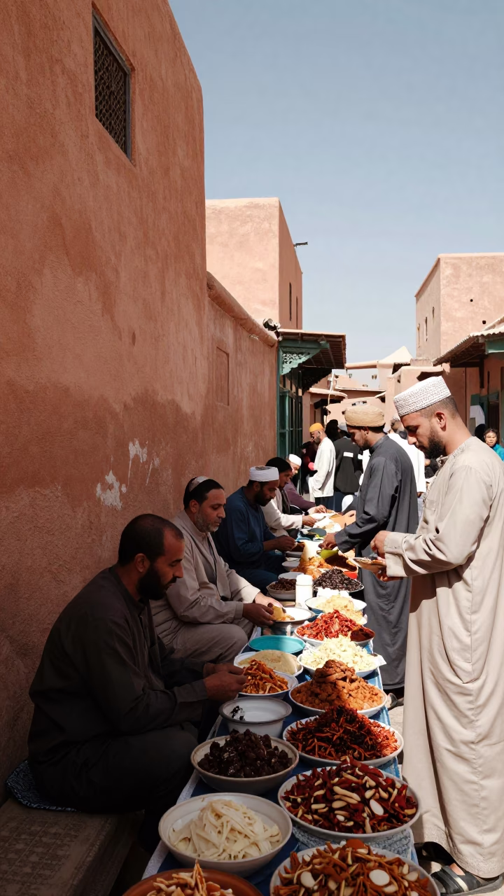 Busy Fez Morocco Midday Street Scene with Traditional Food and Local Commerce in in Fez, Morocco