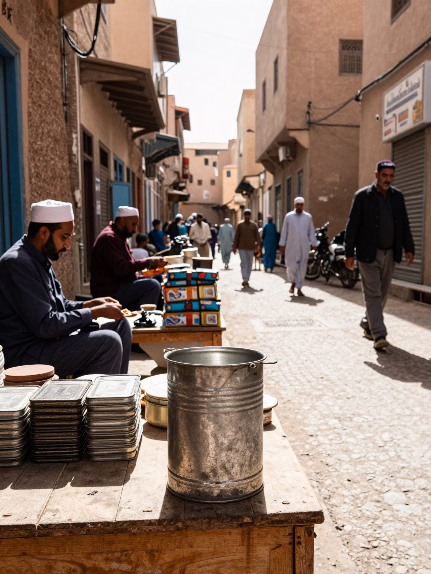 Busy Fez Morocco Midmorning Street Scene with Coffee Tin and Paper Fan in in Fez, Morocco