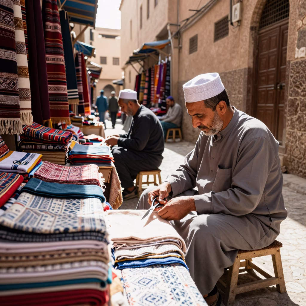 Busy Fez Morocco Midmorning Street Scene with Sewing Scissors and Quilt in in Fez, Morocco