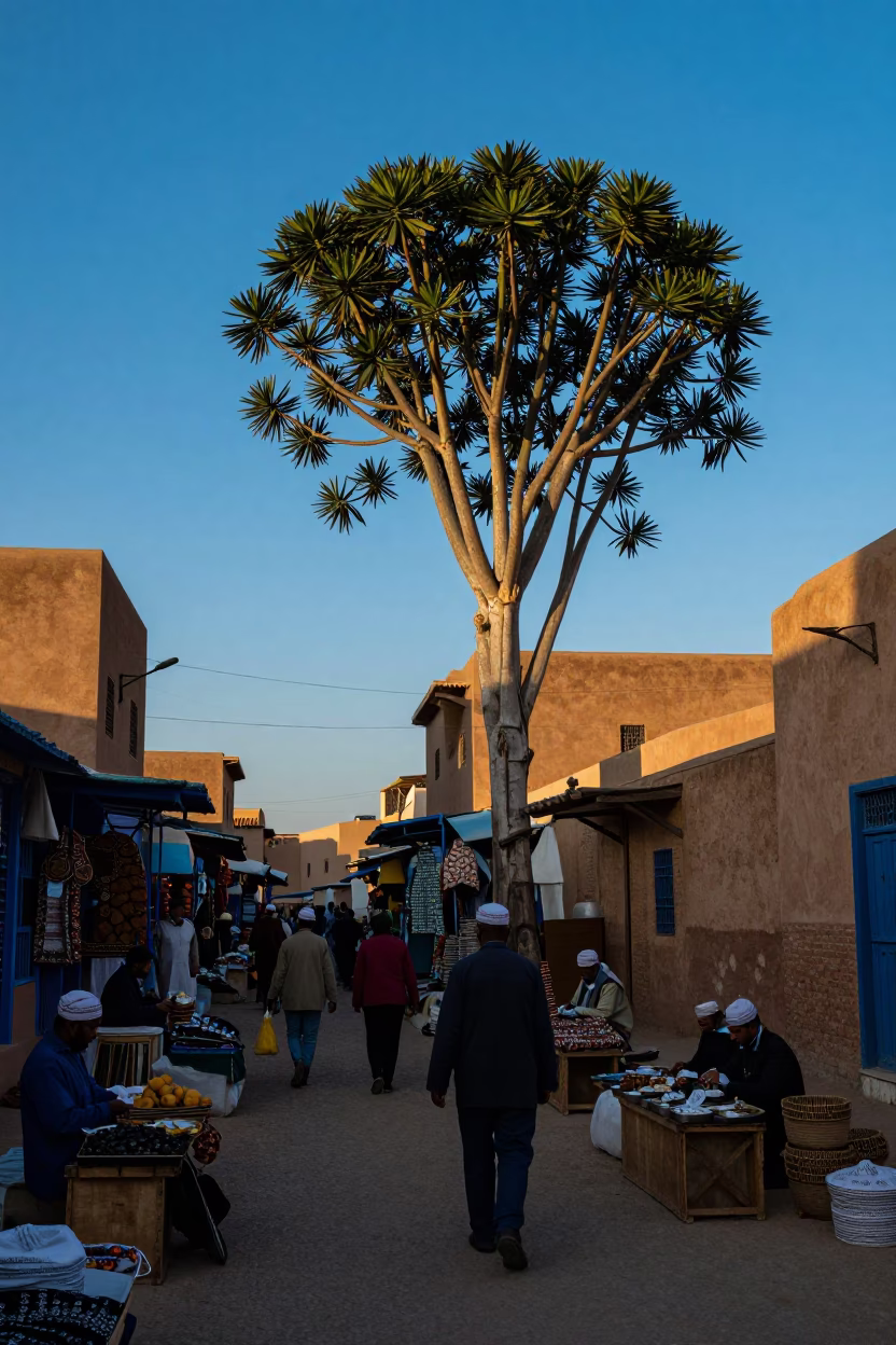 Busy Fez Morocco Morning Market Scene with Blue Sky and Traditional Architecture in in Fez, Morocco