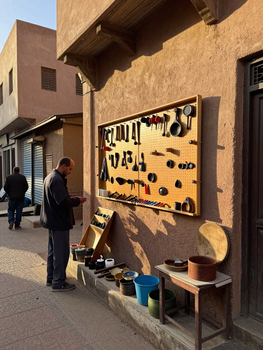 Busy Fez Morocco Morning Street Scene with Tool Pegboard and Brooms Outside Traditional Workshop in in Fez, Morocco
