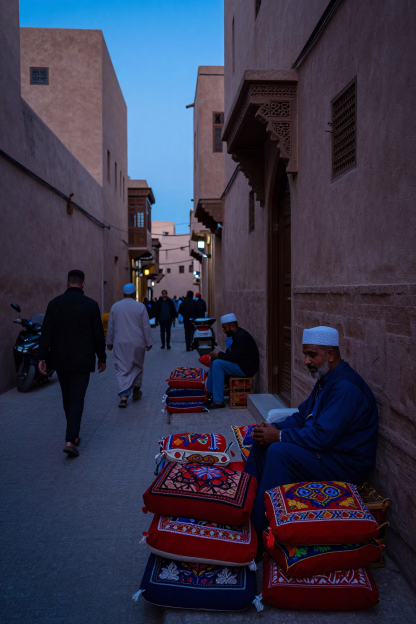 Busy Fez Morocco Nautical Dawn Street Scene with Embroidered Cushion and Cutlery in in Fez, Morocco