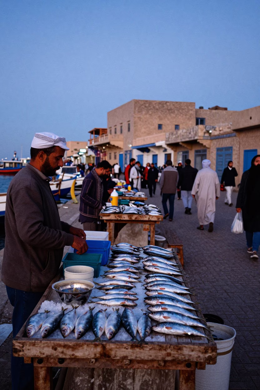 Busy Fez Morocco Nautical Dawn Street Scene with Local Fish Market Activity in in Fez, Morocco