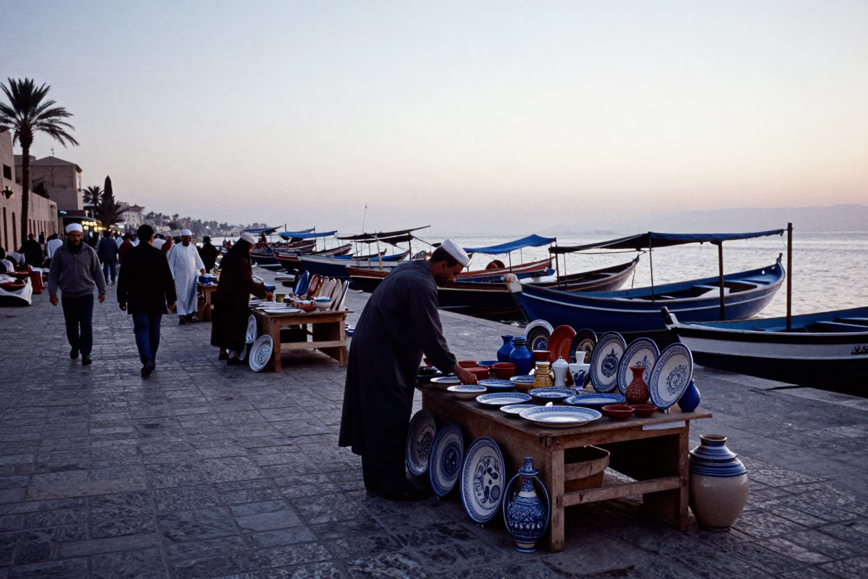 Busy Fez Morocco Nautical Dawn Street Scene with Traditional Pottery and Local Merchants in in Fez, Morocco