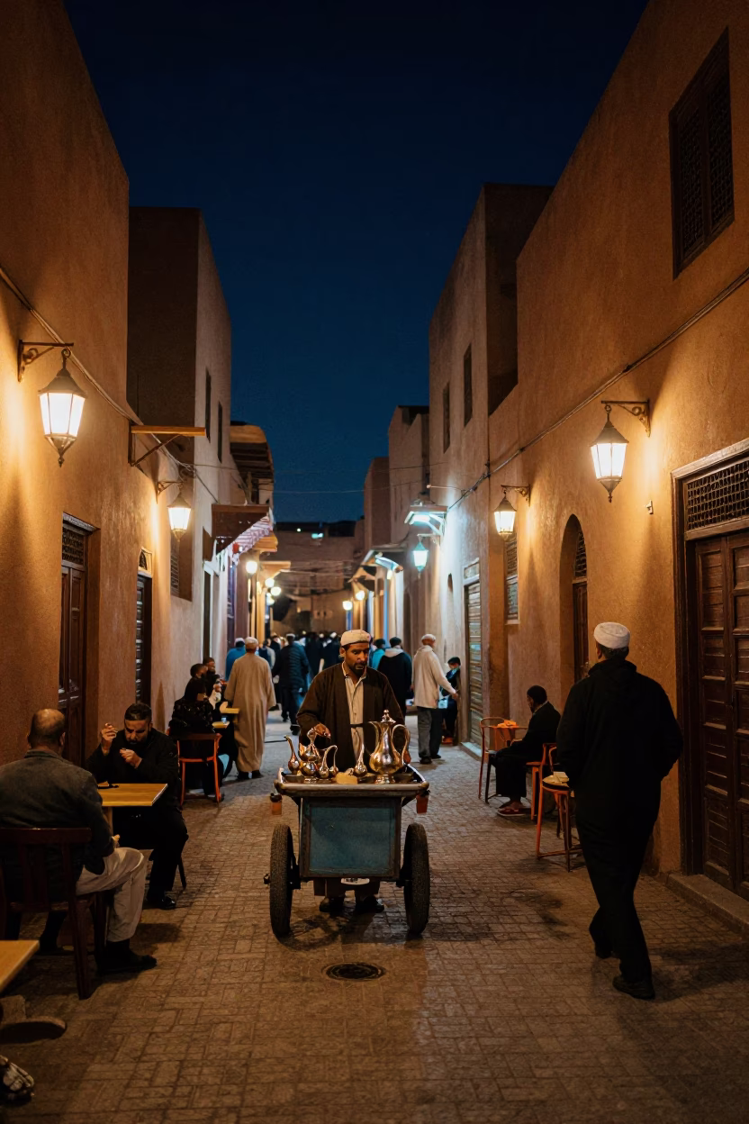 Busy Fez Morocco Night Street Scene with Traditional Tea Pitcher and Starry Sky in in Fez, Morocco