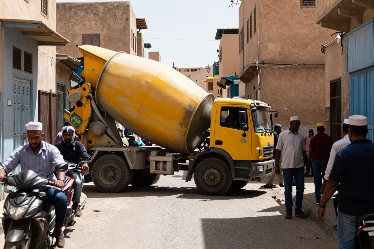 Busy Fez Morocco Noon Street Scene with Cement Mixer and Local Activity in in Fez, Morocco