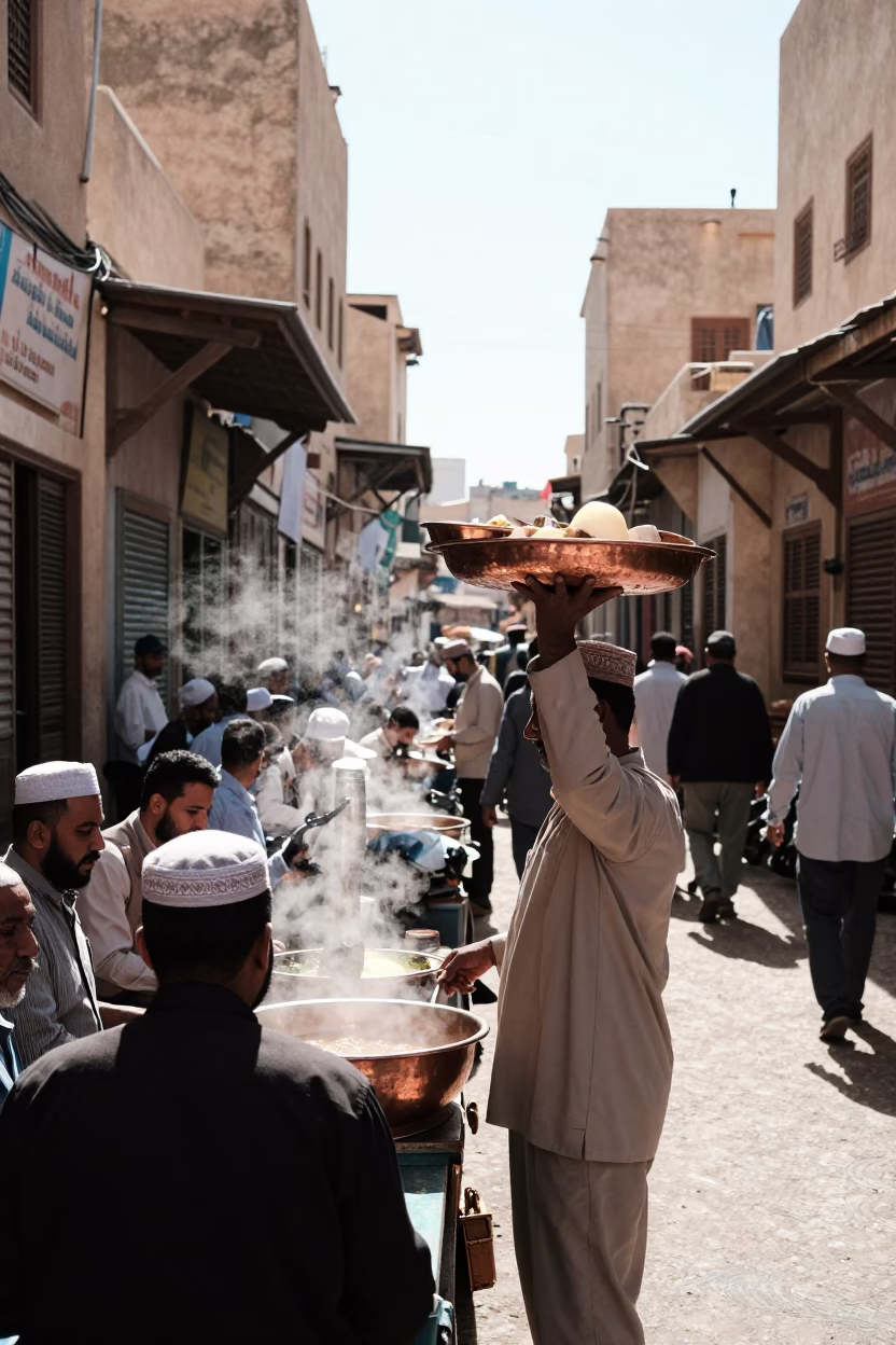 Busy Fez Morocco Noon Street Scene with Copper Tray and Steam Haze in in Fez, Morocco