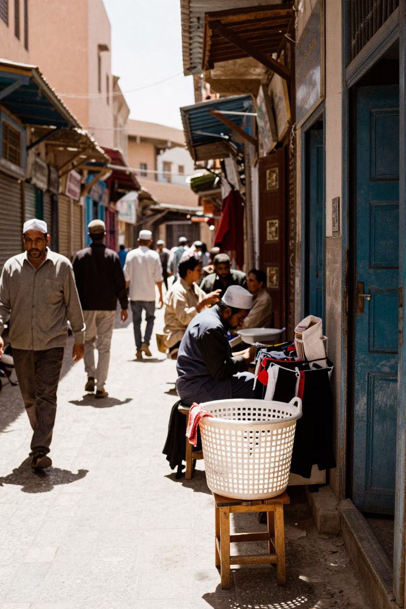 Busy Fez Morocco Noon Street Scene with Laundry Basket and Local Commerce in in Fez, Morocco