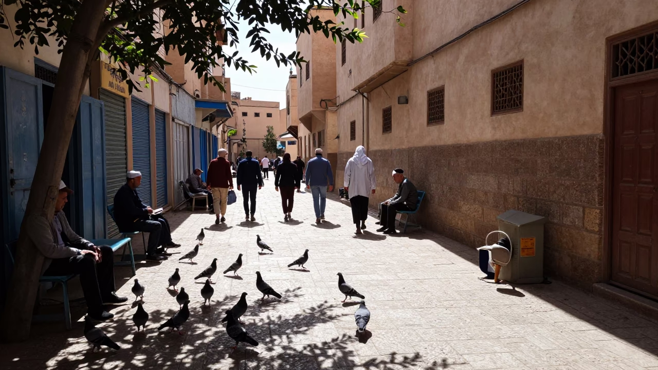 Busy Fez Morocco Noon Street Scene with Pigeons and Traditional Stools in in Fez, Morocco