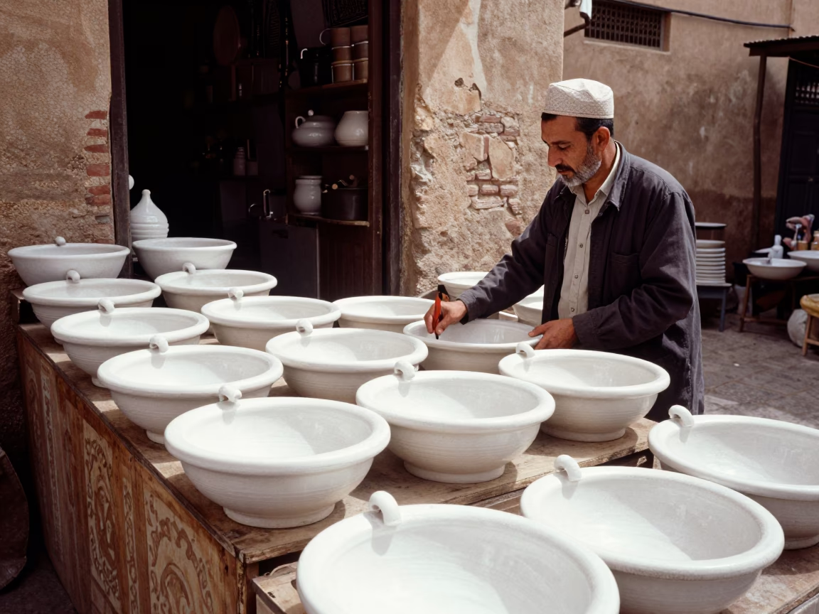 Busy Fez Morocco Souk Stall with Ceramic Wash Basin Under Flat Noon Sun in in Fez, Morocco