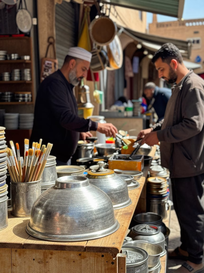 Busy Fez Morocco Souk Stall with Pot Lid and Paintbrush in Bright Midmorning Light in in Fez, Morocco