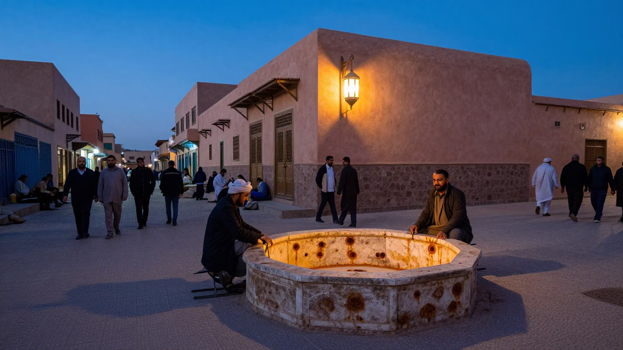 Busy Fez Morocco Street Scene at Blue Hour with Tea Stains and Traditional Tilework in in Fez, Morocco