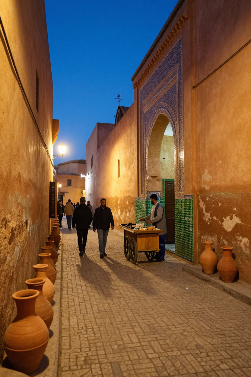Busy Fez Morocco street scene at blue hour with terracotta pots and traditional architecture in in Fez, Morocco