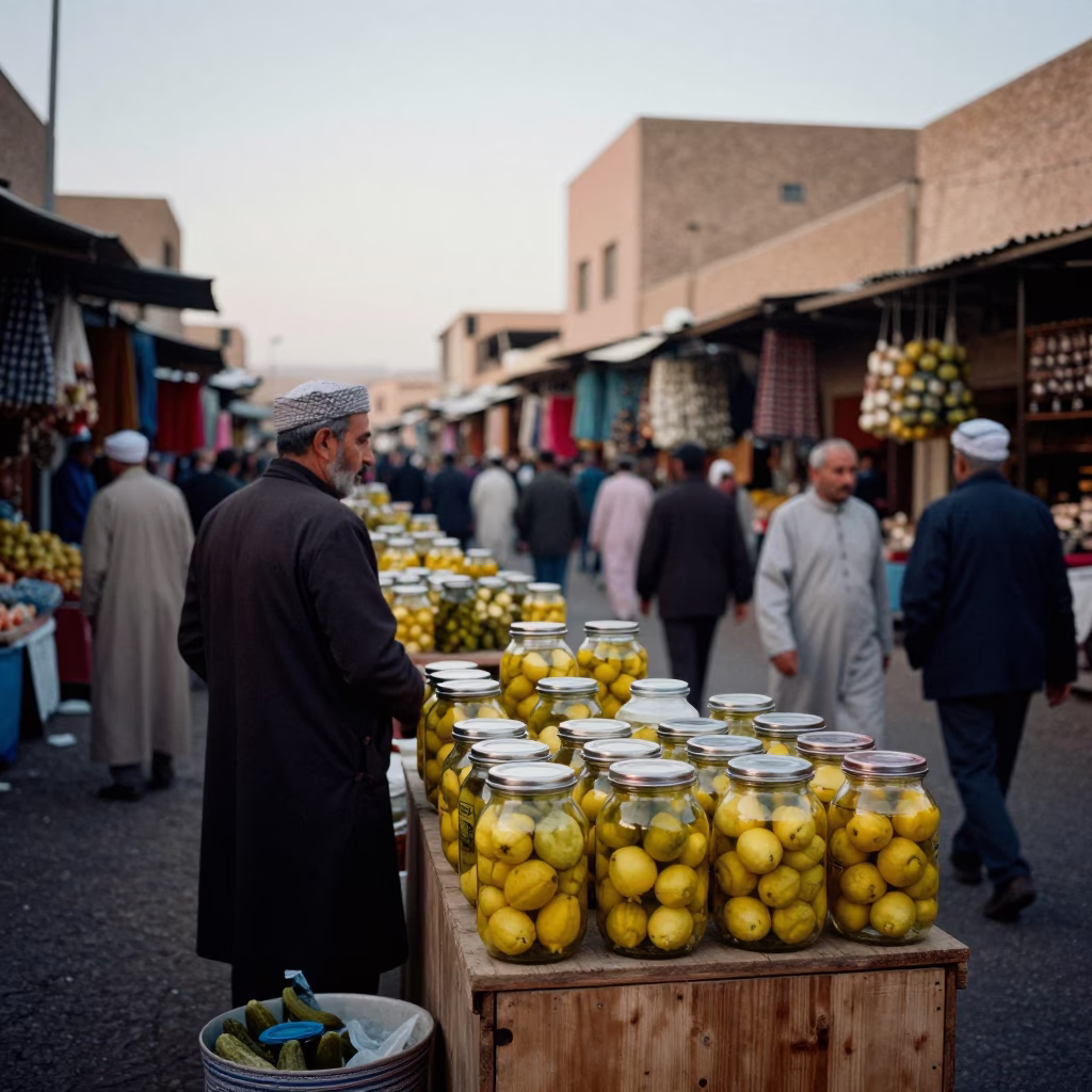 Busy Fez Morocco Street Scene at Dawn with Pickle Jars and Dusty Walls in in Fez, Morocco