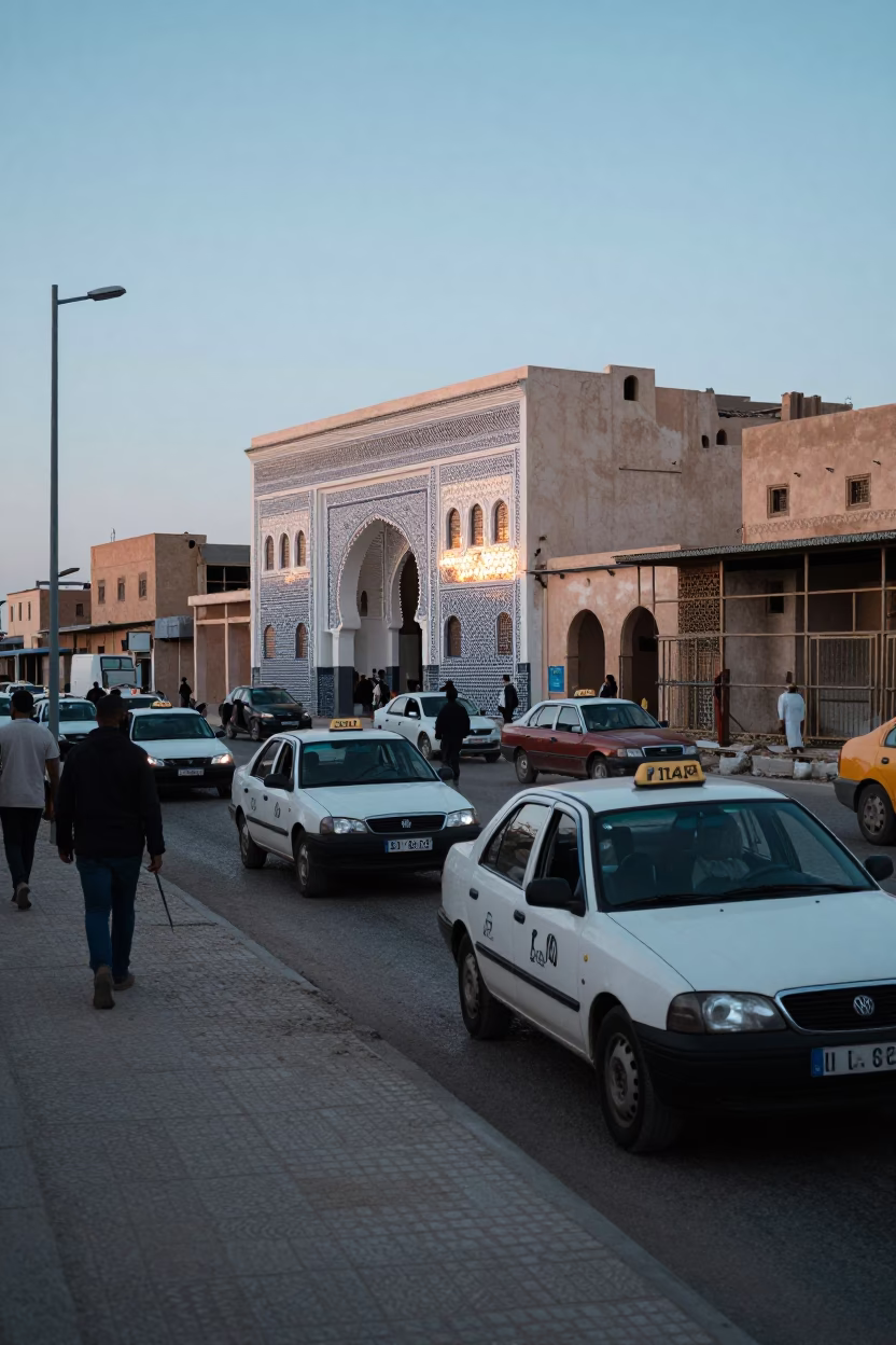 Busy Fez Morocco Street Scene at Nautical Dawn with Taxi Rank and Construction Activity in in Fez, Morocco
