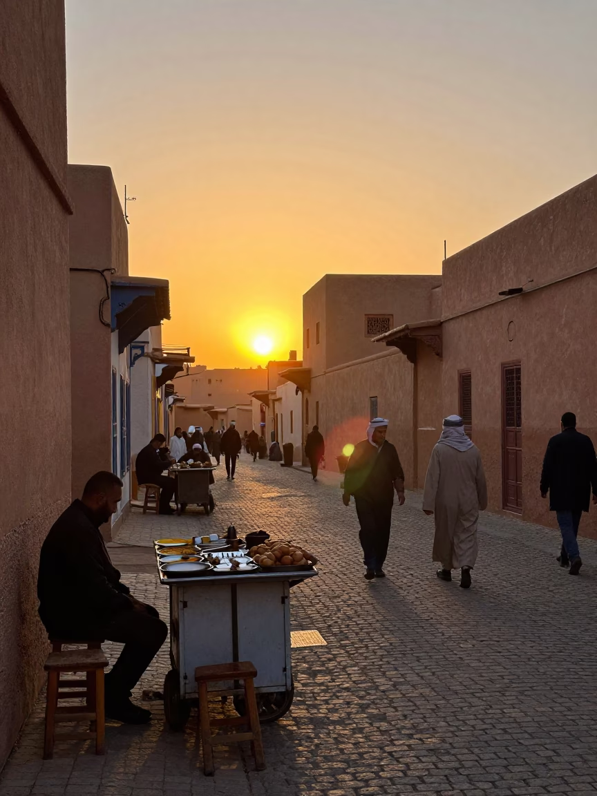 Busy Fez Morocco Street Scene at Sunset with Traditional Food and Wooden Stool in in Fez, Morocco