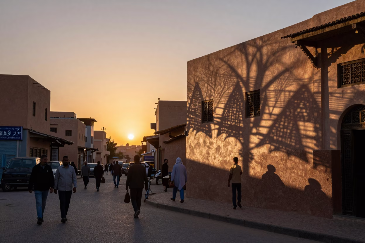 Busy Fez Morocco Street Scene at Sunset with Wicker Shadows and Rusty Tile Grout in in Fez, Morocco
