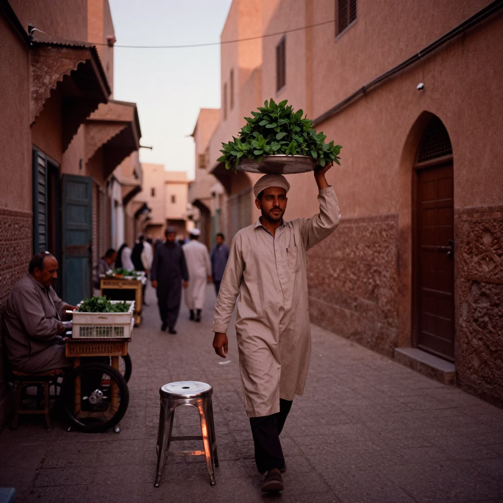 Busy Fez Morocco Street Scene Before Dusk with Mint Leaves and Brushed Steel in in Fez, Morocco