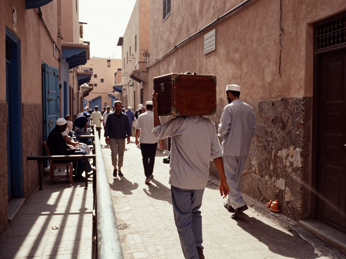 Busy Fez Morocco Street Scene Early Afternoon with Hatbox and Canisters in in Fez, Morocco