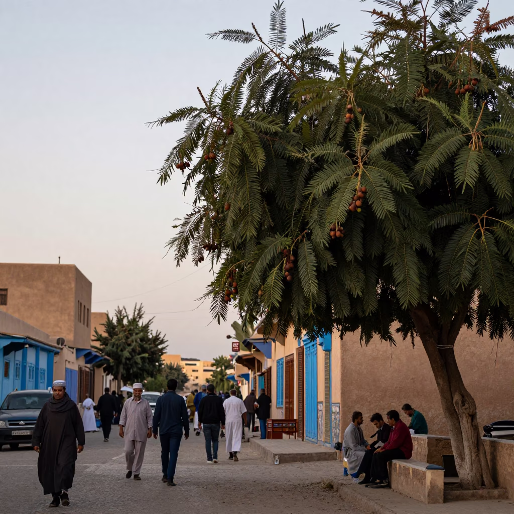Busy Fez Morocco Street Scene Early Evening with Tamarind Tree and Peg Rail Shadow in in Fez, Morocco