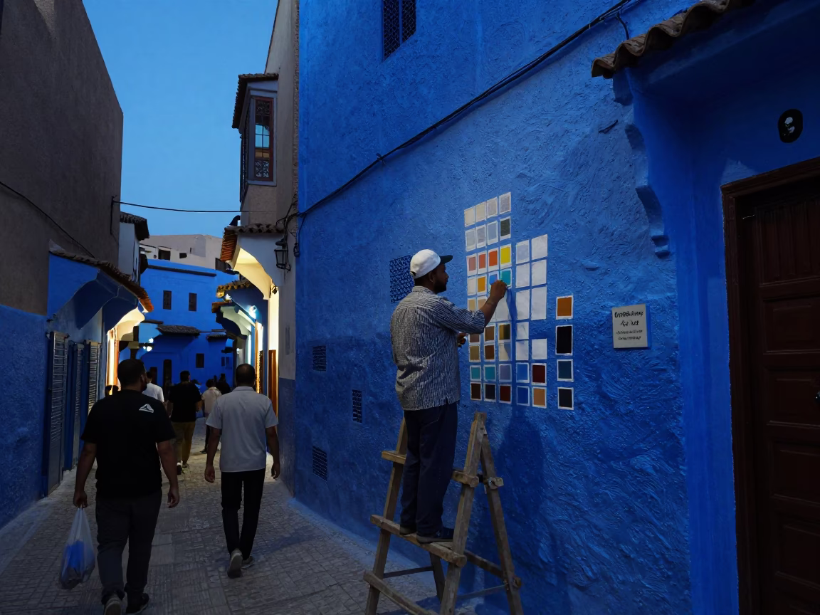 Busy Fez Morocco Street Scene in Indigo Twilight with Muralist and Local Life in in Fez, Morocco