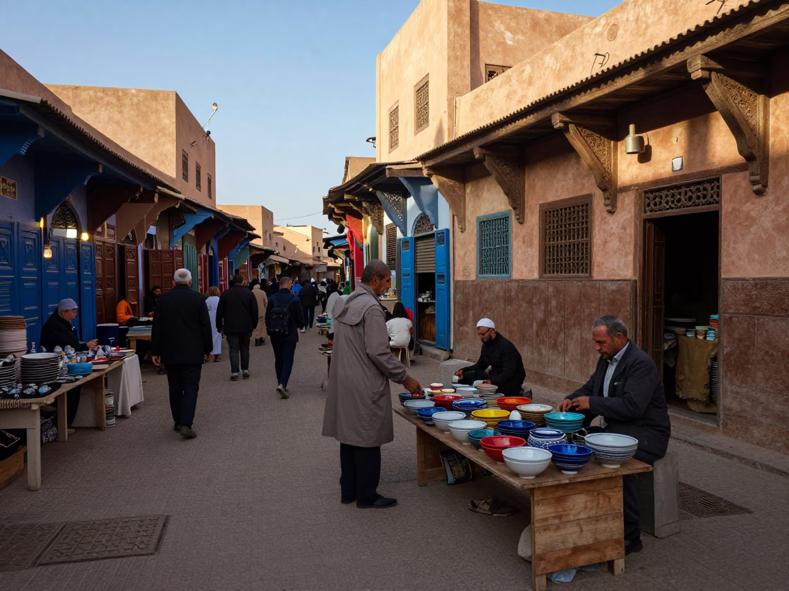 Busy Fez Morocco Street Scene Late Afternoon Light Traditional Market Activity in in Fez, Morocco