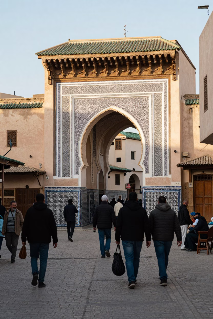 Busy Fez Morocco Street Scene Late Morning with Traditional Architecture and Daily Life in in Fez, Morocco