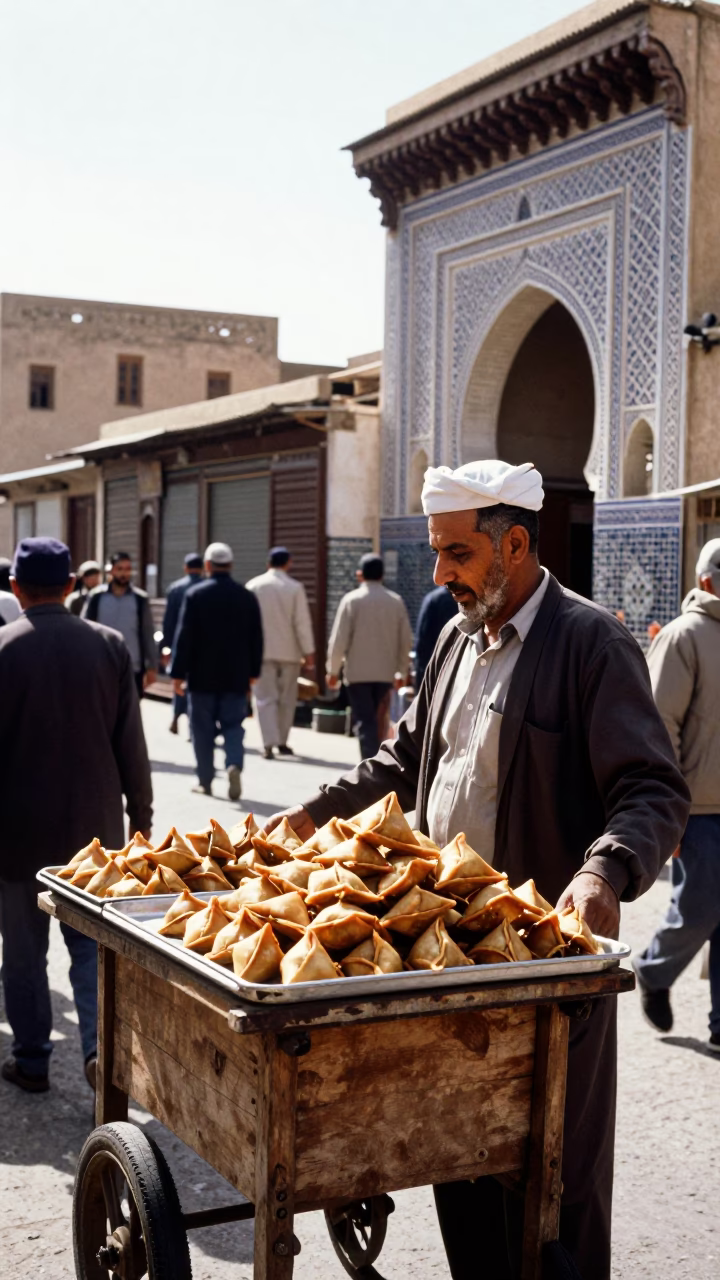 Busy Fez Morocco Street Scene Midmorning Light with Traditional Food Tray and Local Activity in in Fez, Morocco