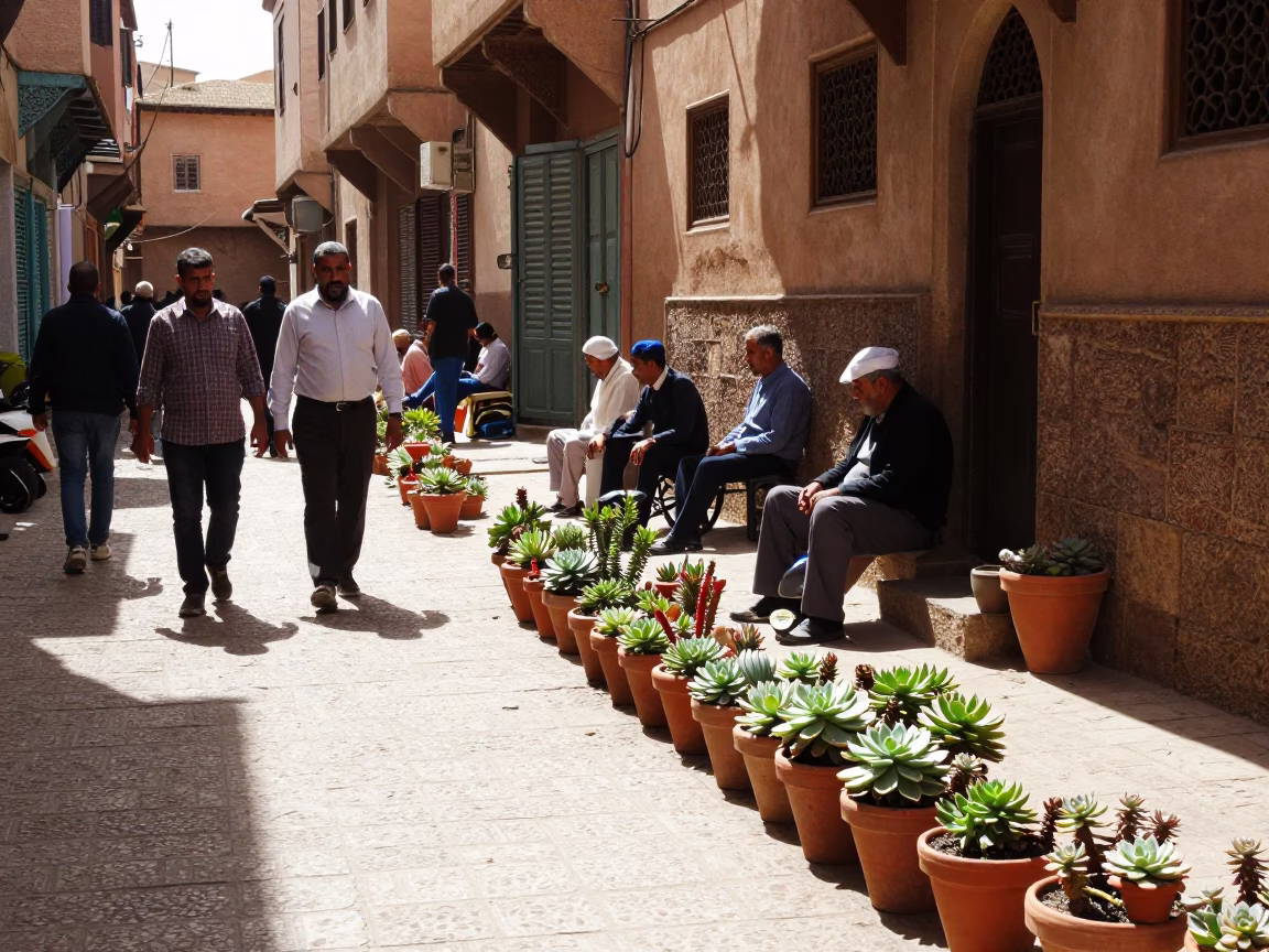 Busy Fez Morocco Street Scene Noon Light with Terracotta Pots and Traditional Tea Stains in in Fez, Morocco