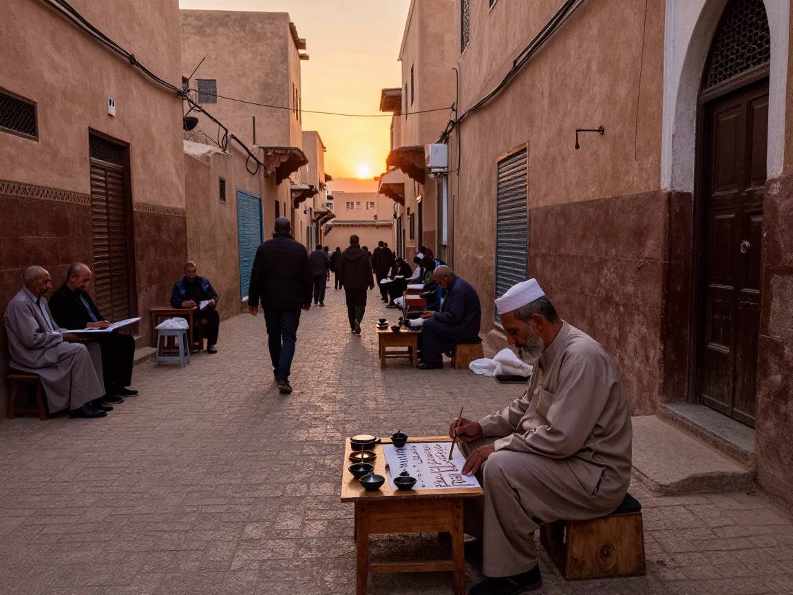 Busy Fez Morocco street scene with calligrapher and tea strainer at sunset in in Fez, Morocco