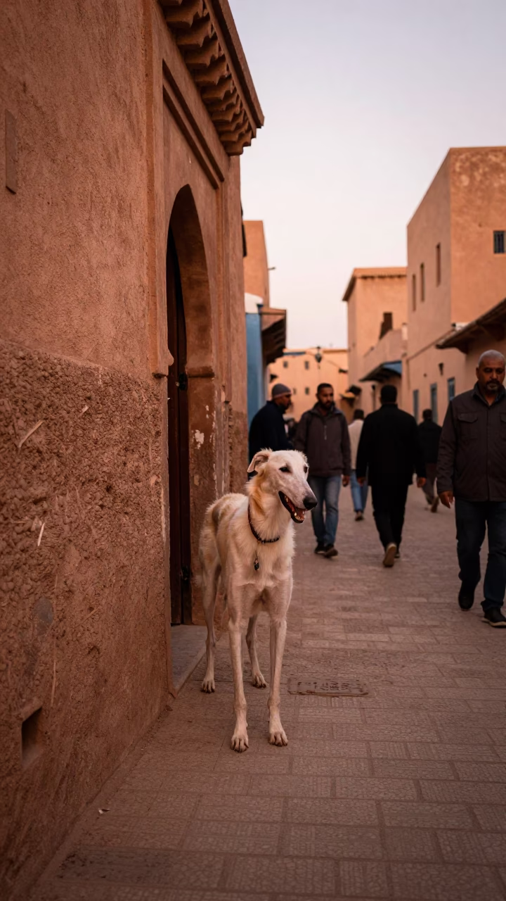 Busy Fez Morocco street scene with Sloughi dog and copper-toned dusk light in in Fez, Morocco