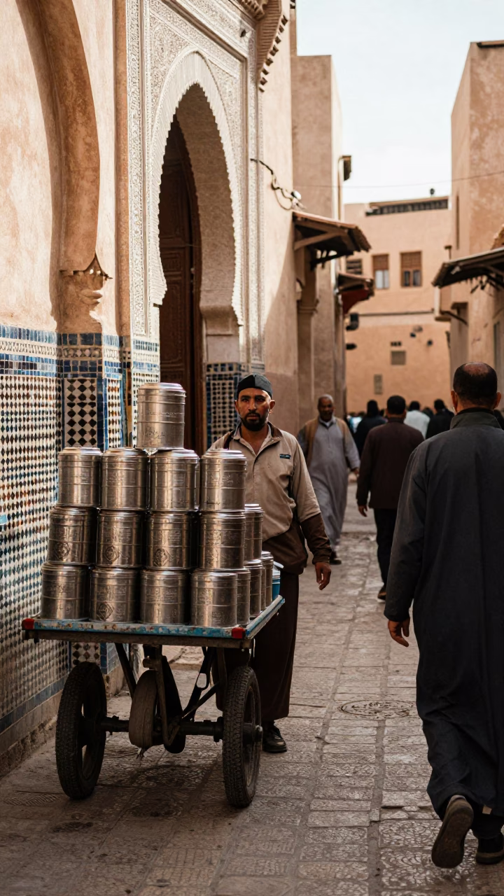 Busy Fez Morocco Street Scene with Tiffin Tin and Local Commerce in in Fez, Morocco